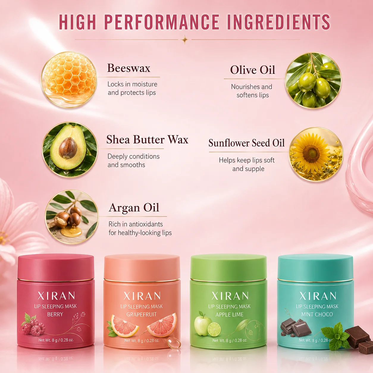 Xiran lip sleeping mask collection featuring Berry, Grapefruit, Apple Lime, and Mint Choco variants, along with high-performance ingredients like beeswax, olive oil, shea butter wax, sunflower seed oil, and argan oil.